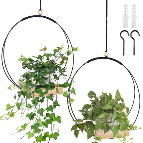 GOMETY 2 Stück Makramee Blumenampel mit Hölzernen Basis, H93cm Hängetopf mit Holzsockel Metallring und Aufhängeschlaufe für den Innenbereich, Hängende Pflanzgefäße für Wände und Decken von GOMETY