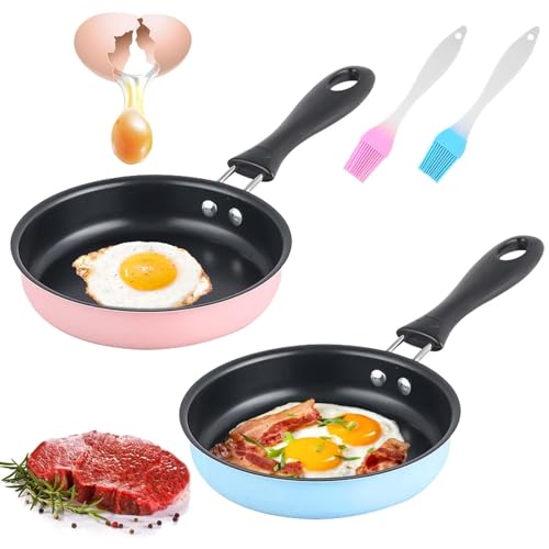GOMETY 2 Stück Mini Bratpfanne, 12cm Kleine Pfanne Spiegeleipfanne Mini Antihaftbeschichtet Eierpfanne Hitzebeständig Tragbare Edelstahl Frying Pan für Camping Kochen Eiern Speck Steak (Pink+Blue) von GOMETY