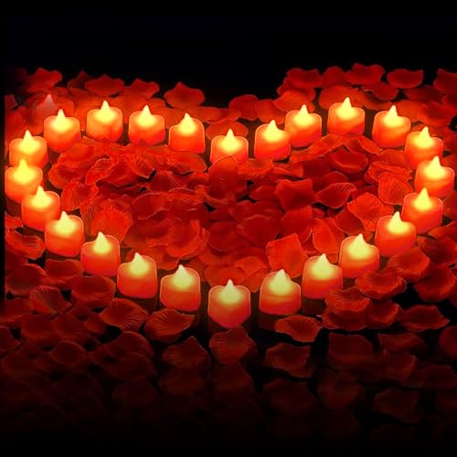 GOMETY 24 PCS Herz Form LED Teelichter, 1000 Stück Künstliche Gefälschte Rosenblätter und 24 Herzförmige Flammenlose LED Teelicht für Hochzeiten Valentinstag, Heiratsantrag Deko von GOMETY