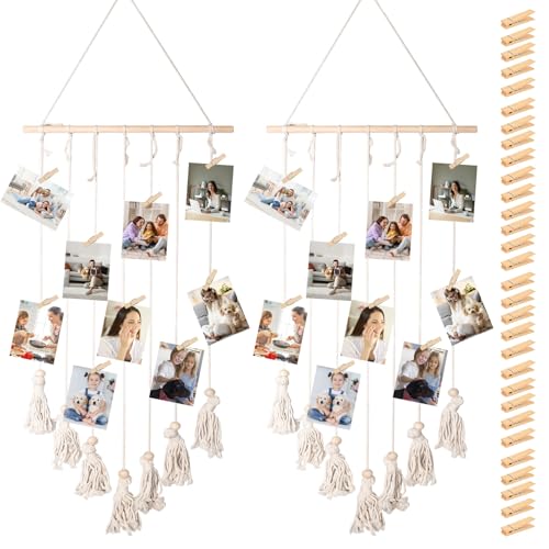 GOMETY 2PCS Foto Hängendes Makramee Wandbehang Fotowand Bilderrahmen Collage Boho Deko Fotovorhang Wandteppich Fotowand mit 60 Holzclips und 2 spurlosen Nägeln für Wohnkultur, Hochzeitsfeier 65x40cm GOMETY 2PCS Foto Hängendes Makramee Wandbehang Fotowand Bilderrahmen Collage Boho Deko Fotovorhang Wandteppich Fotowand mit 60 Holzclips und 2 spurlosen Nägeln für Wohnkultur, Hochzeitsfeier 65x40cm von GOMETY