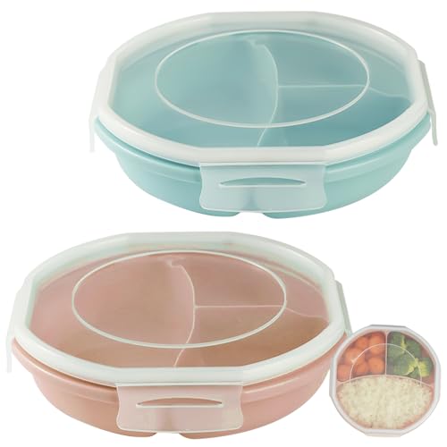 GOMETY 2er Set Mikrowellen Teller Bento-Schüssel, Luftdicht Schnallendesign Vorrats Dose Getrennt Aufbewahrung mit 3 Fach BPA frei Mikrowellengeschirr mit Deckel zum erhitzen, einfrieren (Rosa+Blau) von GOMETY