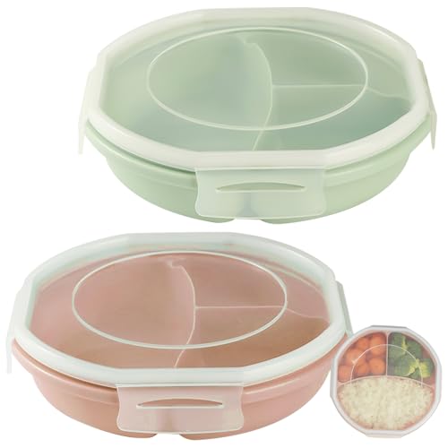 GOMETY 2er Set Mikrowellen Teller Bento-Schüssel, Luftdicht Schnallendesign Vorrats Dose Getrennt Aufbewahrung mit 3 Fach BPA frei Mikrowellengeschirr mit Deckel zum erhitzen, einfrieren (Rosa+Grün) von GOMETY