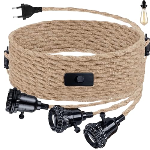 GOMETY 3 Paar Lampenfassung mit Kabel E27, Pendelleuchte Kit mit Schalter, 6.8 M Hanfseil Hängelampe DIY Vintage Hängeleuchte Kronleuchter Textilkabel Lampenkabel Kit für Wohnzimmer, Ohne Glühbirne von GOMETY