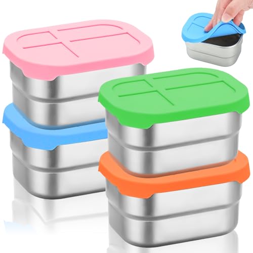 GOMETY 4 Stück 230 ml Edelstahl Snack Box mit Deckel aus Silikon，Lebensmittel Lagerung Box Dipschalen Set Gefrierdosen Klein Wiederverwendbare Stapelbar Auslaufsichere Snackbox für Dipsauce Snacks von GOMETY