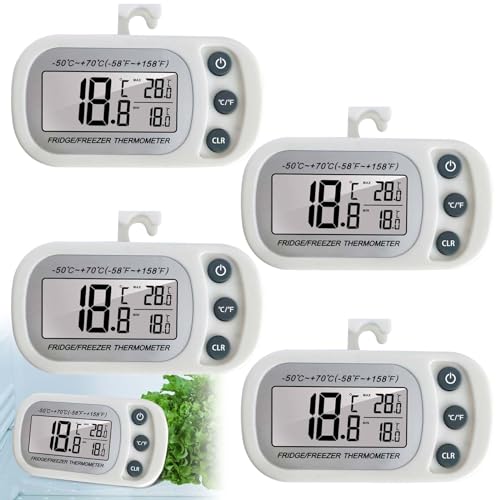 Kühlschrankthermometer Digital, 4 Stück Kühlschrank Thermometer mit Haken & Magnet LCD Anzeige Digitales Kühlschrankthermometer Innen, Gefrierschrank Thermometer Max/Min Funktion - (4 Weiß) von GOMETY