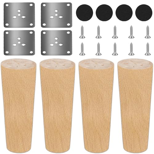 GOMETY 4 Stück Möbelfüße Holz, 10cm Massivholz Konisch Ersatz Tischbeine, Eiche Tischbeine mit 4 Montageplatten und 32 Schrauben, Rund Holzbeine für Stühle Sofa Bett Schrank Couch und Stuhl von GOMETY
