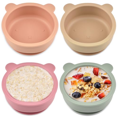 GOMETY 4 Stück Silikon Baby Schüssel, 113x125x54mm Baby Rutschfest Breischale mit Saugnapf, Kleinkinder Futter Entwöhnungsschale Anti-Fall BPA-frei für Spülmaschine Mikrowelle(4 Farben) von GOMETY