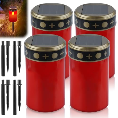 GOMETY 4er-Set Grabkerze, Solar LED Grablicht mit Erdspieß LED-Grablicht Dauerlicht Solar LEDgrablichter Grableuchten für Grab Beleuchtung Außenbereich für Grabdeko Erinnerung Andenken (Rot) (Rot) von GOMETY