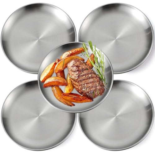 GOMETY 5 Stück Edelstahl Rundes Geschirr, 20cm Edelstahl Teller, Matte Runde Servierplatte, Silber Unterteller Pizzablech Camping Metallteller für Camping Picknick Wandern Abendessen Snacks Partys GOMETY 5 Stück Edelstahl Rundes Geschirr, 20cm Edelstahl Teller, Matte Runde Servierplatte, Silber Unterteller Pizzablech Camping Metallteller für Camping Picknick Wandern Abendessen Snacks Partys von GOMETY
