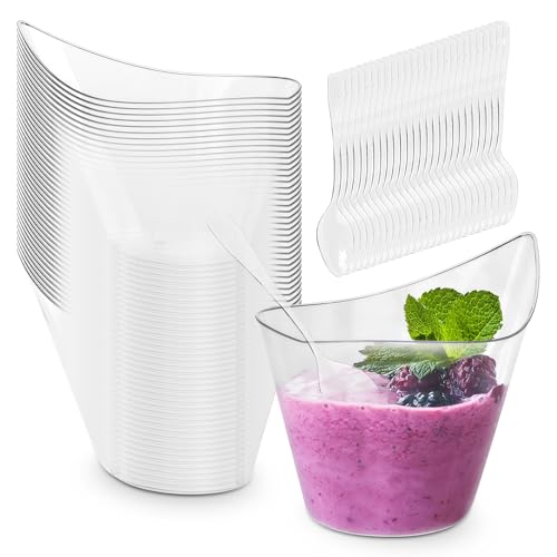 GOMETY 50 Stück Kunststoff Dessert Becher, 210ml Geschwungene Runde Dessertbecher, Transparenter Mini Dessertschalen Wiederverwendbare Servierschale für Pudding Mousse Dessert Party (11,2 x 6,3cm) von GOMETY