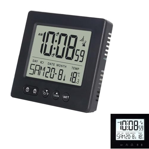GOMETY Digitaler Funkwecker mit Thermometer Kalender Licht, Temperatur Funkuhr Woche Datumsanzeige Zwei Unabhängige Weckzeiten Automatische Einstellung Sommer-/Winterzeit Reisewecker (Schwarz) von GOMETY