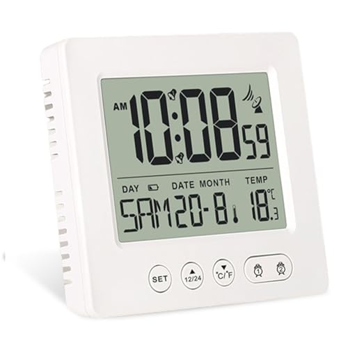 GOMETY Digitaler Funkwecker mit Thermometer Kalender Licht, Temperatur Funkuhr Woche Datumsanzeige Zwei Unabhängige Weckzeiten Automatische Einstellung Sommer-/Winterzeit Reisewecker (Weiß) von GOMETY