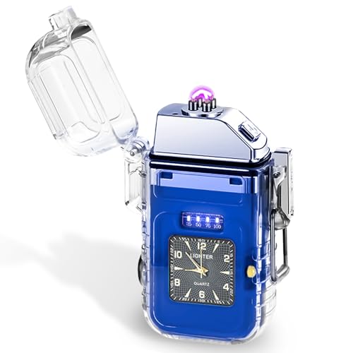 GOMETY Elektrisch Feuerzeug, Elektrisches Lichtbogen Feuerzeug USB Aufladbar mit Uhr und COB-Beleuchtung Sturmfeuerzeug Winddichte für Männe Geschenke Festival Geburtstage Küche Camping (Blau) von GOMETY
