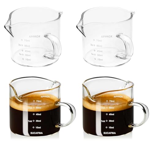 GOMETY Espressotassen Glas mit Griff 4er Set, 75ml Espresso Messbecher Glas mit Doppelausguss & Doppelskala Messbecher klein V-förmiger Öffnung Espressogläser Espresso Gläser für Barista Milch Kaffee von GOMETY