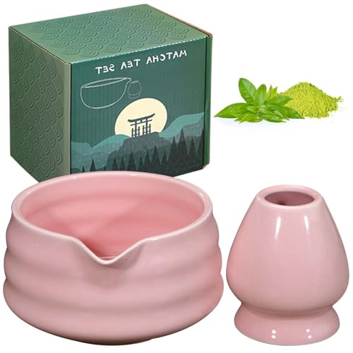 GOMETY Japanische Matcha-Schale mit Ausgießer, Chawan Matcha-Teeschale mit Schneebesenablage, Traditionelle Matcha-Keramikschale Matcha-Schale Chawan Teeschalen Keramik-Matcha-Schale (Rosa) von GOMETY