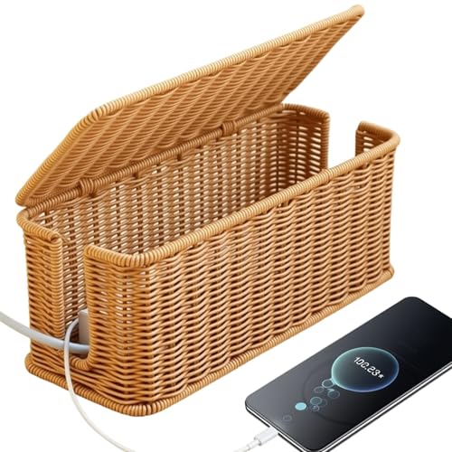 GOMETY Kabelbox Handgemachte, 33x13x13cm Kabelmanagement Box, Rattan Kabel Organizer Box, Aufbewahrungsbox für Kabel, Kabel Verstecken Box zum Verstecken von Kabeln und Steckdosenleisten(Braun) von GOMETY