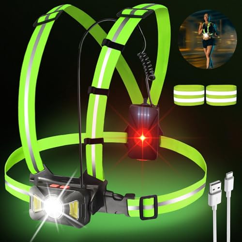 GOMETY Lauflicht mit 2 Reflektoren, LED Lauflampe mit 2 Reflektorbänder 5 Lichtmodi Taschenlampe USB Wiederaufladbare Brustlampe Läufen 65° Einstellbarer Wasserdicht Leichtgewichtige für Läufer Joggen von GOMETY