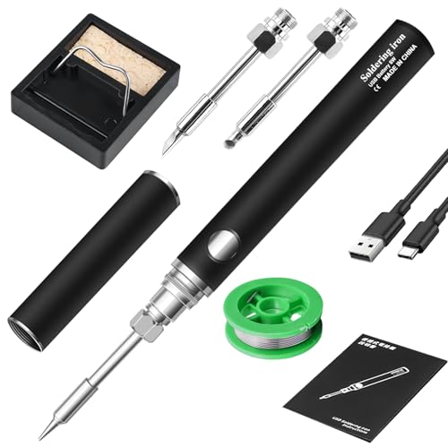 GOMETY Lötkolben Set, USB Akku Lötkolben mit 3 Temperatur Einstellbar 330℃-450℃,3 Lötspitzen, Lötkolbenständer, Lötdraht, 8-10W Tragbarer Professionelles Sicheres Schnelles Aufheizen Kabelloser Lötkit von GOMETY