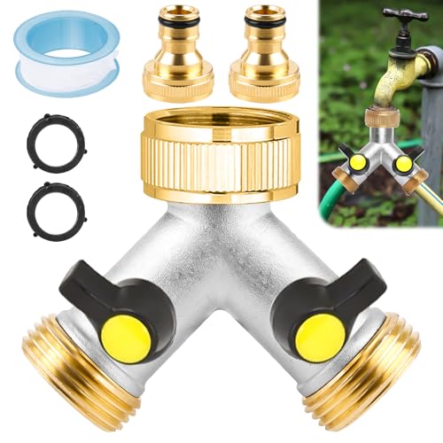 GOMETY 2 Wege Y Verteiler aus Messing, 3/4 Zoll Wasserhahn Wasserverteiler mit Griff, 3/4 Zoll Splitter mit individuellem Absperrhähnen 2er Y-Verteiler 3/4" Adapter 1/2" für Geräte Gartenschläuche von GOMETY