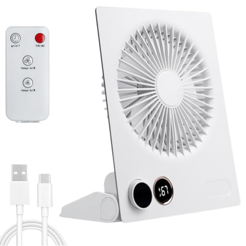 GOMETY Mini Tischventilator, USB Ventilator mit 5000mAh Akku-Leiser Ventilator mit Fernbedienung Stufenlose Geschwindigkeit LED-Anzeige 180°Kippbarer Tragbarer Ventilatoren für Büro, Zuhause, Camping von GOMETY