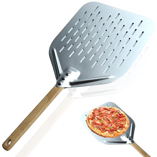 GOMETY Pizzaschieber Perforiert, 12 Zoll Perforiert Pizzaschaufel Pizzaheber aus Hart Eloxiertes AluminiumPerforiert und Brotschieber mit Verbrühungshemmend Griff für hausgemachte Pizza Brot Kuchen von GOMETY