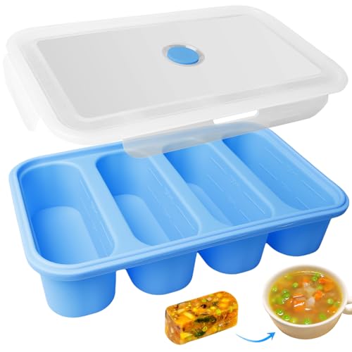 Suppe Einfrieren Behälter Silikon, Gefrierbehälter mit Deckel, Große Suppengefrier Eiswürfelform Gefriertablett Gefrierschale für Suppe Brühe Sauce Eiswürfel, Himmelblau (4 Raster) Suppe Einfrieren Behälter Silikon, Gefrierbehälter mit Deckel, Große Suppengefrier Eiswürfelform Gefriertablett Gefrierschale für Suppe Brühe Sauce Eiswürfel, Himmelblau (4 Raster) von GOMETY