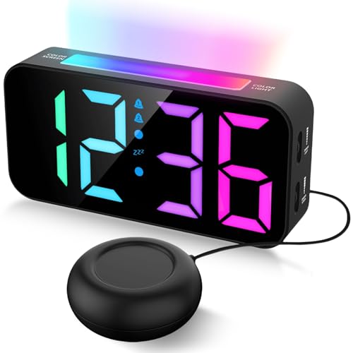 GOMETY Wecker Digital mit RGB Nachtlicht, Lauter Digitaler Wecker Kinder Vibrationswecker mit Bettschüttler für Gehörlose, Tiefschläfer USB-Betrieben Speicher Schlummerfunktion Einstellbare Helligkeit von GOMETY