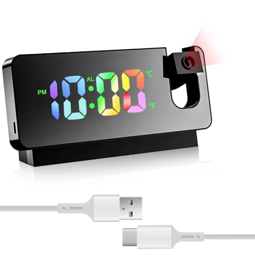 GOMETY Wecker mit Projektion, Projektionswecker Spiegelwecker mit Temperaturanzeige & Großem LED Display 180° Drehbar USB Betrieben Digitaler Wecker mit Deckenprojektion Schlafzimmer (Schwarz) von GOMETY