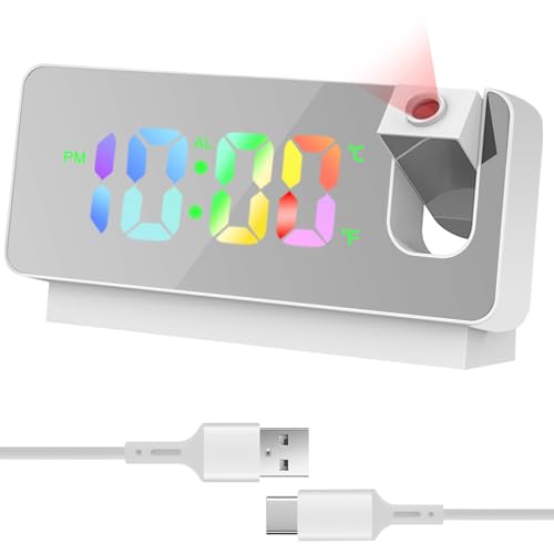 GOMETY Wecker mit Projektion, Projektionswecker Spiegelwecker mit Temperaturanzeige & Großem LED Display 180° Drehbar USB Betrieben Digitaler Wecker mit Deckenprojektion Schlafzimmer (Weiß) von GOMETY