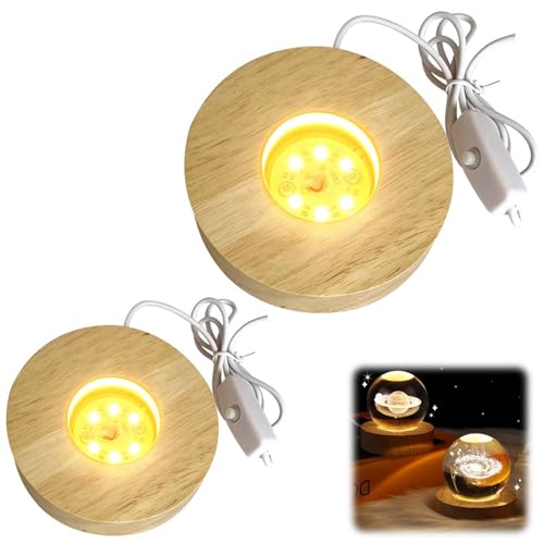 Holz LED Lichtsockel, 2 Stück USB Leuchtsockel für Acrylglas - Warme Farbe Holzsockel Ständer Quadrat/Rund - Leuchten Display Basis für Kristallg Lensball Glas Acryl Schmuck Harz (Rund) von GOMETY