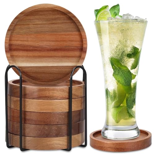 Holz Untersetzer für Gläser Rund 6er Set, GOMETY Untersetzer aus natürliches Akazienholz mit Eisenhalter Glasuntersetzer Set für Getränke, Bar, Tassen, Trinkgläser Tischschutz für jeden Tischtyp von GOMETY