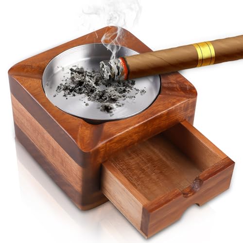 Holz Zigarren Aschenbecher, Aschenbecher 4 Schlitzen Quadratischer Aschenbecher mit Abnehmbarer Aschenbecher Schublade Zigarren Zubehör für Heimbüro Zigarren Geschenke für Männer von GOMETY