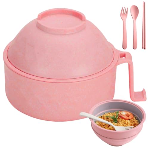 Instant Nudeln Schüssel, Ramenschüssel Instant, Microwave Ramen Bowl, Ramen Schüssel mit Deckel, Japanische suppenschüssel mit Essstäbchen, Auslaufsicher Instant Nudelschale für Lebensmittel (Rosa) von GOMETY