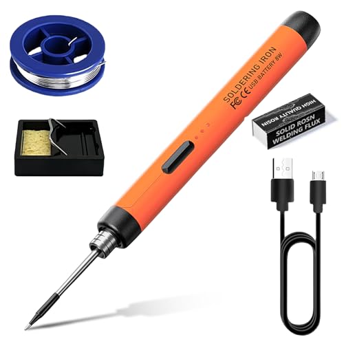 Kabelloses Lötkolben Set 3 Modi, USB Akku Lötkolben Set, 300℃-450℃ Temperatur Einstellbar Lötgerät mit 2 Ersatz Lötspitzen Lötkolbenständer und Lötdraht für Elektrische Arbeiten (Orange) von GOMETY