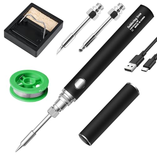 Kabelloses Lötkolben Set 3 Modi, USB Akku Lötkolben Set, 300℃-450℃ Temperatur Einstellbar Lötgerät mit 2 Ersatz Lötspitzen Lötkolbenständer und Lötdraht für Elektrische Arbeiten (Schwarz) von GOMETY
