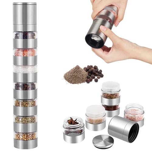 Reise Gewürz Set, 7 in 1 Mini Gewürzgläser Set Gewürzdosen mit Mühle und Deckel Gewürzmühle Camping Outdoor Mini Gewürz Set Edelstahl Tragbare Gewürzstreuer für Picknick BBQ Reise Spice Jars von GOMETY