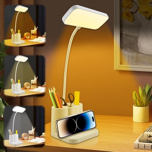 GOMETY Schreibtischlampe Kinder: LED Augenschutz Leselampe mit Schwanenhals Design, Dimmbare USB Tischlampe 3 Farben 3000K-6000K, Touch Steuerung für Büro Wohnzimmer (Weiß) von GOMETY