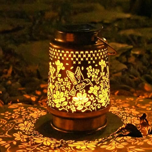GOMETY Solarlaterne Outdoor: Vintage Metall LED Kolibri Gartenleuchte, Wasserdichtes Solar Laterne für Garten, Balkon, Terrasse, Hof Landschaftsbeleuchtung (Kupferfarbene, 29cm Höhe) von GOMETY