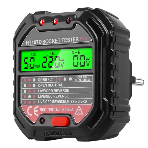 Steckdosentester, 6 Modi Digitaler Socket Tester mit LCD-Voltage-Display und RCD-Prüfung, 10A Elektrisches Elektroskop mit Kontrollleuchten-Anzeige, 90-250V/45-65Hz Schaltkreis Polaritätsdetektor von GOMETY