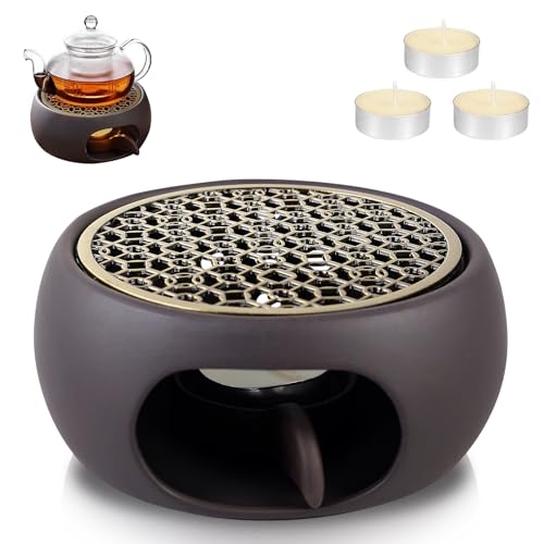 Stövchen für Teekanne Keramik, Keramik Stövchen, Teewärmer Kaffeewärmer mit Herdmatte, Teekanne Teekannenwärmer, Hohl Geschnitztes Design für Wärmeerhaltung von Tee Kaffee Milch von GOMETY
