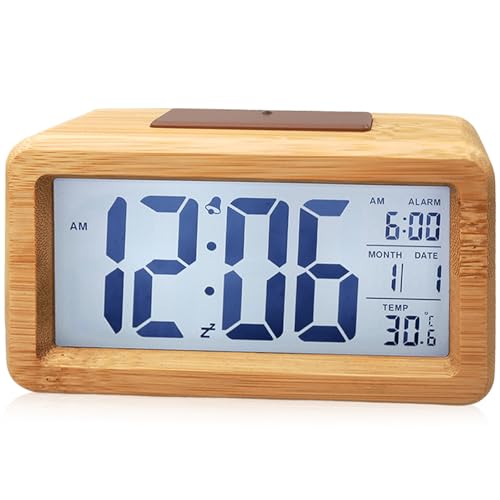 Wecker aus Holz Digital, mit Großem LCD-Display, Klein Tischuhr mit Datum, Teperatur Anzeige, Uhr mit Snooze Moduls für Schlafzimmer Büro (Massivholz zweifarbig) von GOMETY