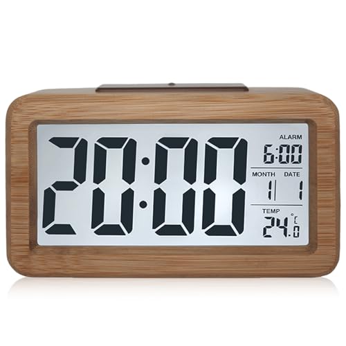 Wecker aus Holz Digital, mit Großem LCD-Display, Klein Tischuhr mit Datum, Teperatur Anzeige, Nachtlicht, Uhr mit Snooze Moduls für Schlafzimmer Büro von GOMETY