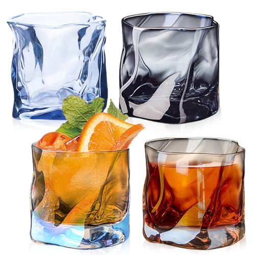 Whiskey Gläser 4er Set, 200ml Unregelmäßiges Kristall Whiskeygläser, Eiskaffeegläser Trinkgläser Cocktailgläser Longdrinkgläser Wasser Tee Kaffee Saft - Spülmaschinenfest, 4 Farben von GOMETY