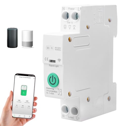 WiFi 1P+N Smart Hutschiene Schalter, WLAN Relais für DIN‑Schiene Tuya/Smart Life App Fernbedienung Alexa/Google Sprachsteuerung Zeitschalter Timer DIY SmartHome Metering Zeitschaltuhr WLAN Schalter von GOMETY