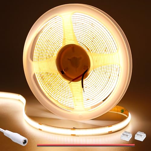 GOMING 12V 5M COB LED Streifen Warmweiss 3000K LED Strip Warmweiß 11W/M 312LED/M LED Band Selbstklebend CRI 93+ Hohe Helligkeit Nicht Wasserdicht IP20 LED Lichtband für Innen Heim Deko(Nur Strip) von GOMING