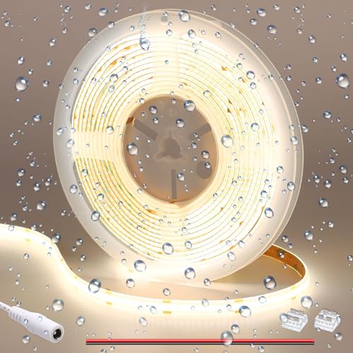 GOMING 12V COB LED Streifen Natürliches Weiß 4000K IP65 Wasserdicht 5M LED Strip 11W/M 312LED/M LED Band Selbstklebend CRI 93+ Hohe Helligkeit LED Lichtband für Innen und außen Heim Deko(Nur Strip) von GOMING