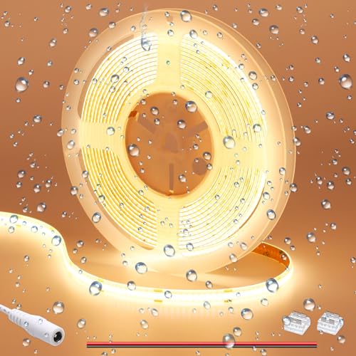 GOMING 12V COB LED Streifen Warmweiss 3000K IP65 Wasserdicht 5M Warmweiß LED Strip 11W/M 312LED/M LED Band Selbstklebend CRI 93+ für Innen und außen Heim Deko(Netzteil nicht Enthalten) von GOMING