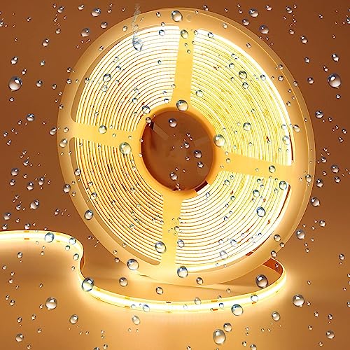 GOMING 24V 10M COB LED Streifen Warmweiss 3000K Wasserdicht IP65 LED Strip 384LED/M Warmweiß LED Band Selbstklebend CRI 93+ Hohe Helligkeit 6800lm Lichtband für Heim Deko(Netzteil nicht Enthalten) von GOMING