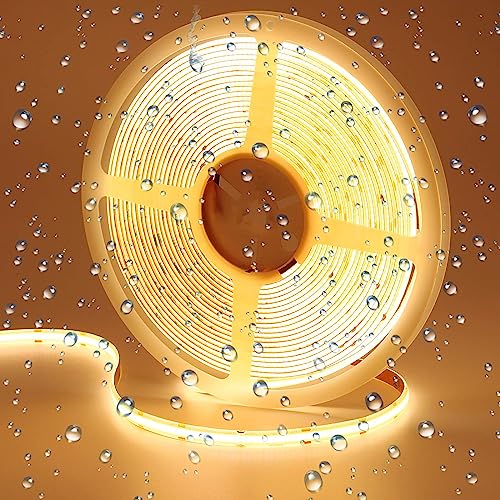 GOMING 24V 10M COB LED Streifen Warmweiss 3000K Wasserdicht IP65 LED Strip 384LED/M Warmweiß LED Band Selbstklebend CRI 93+ Hohe Helligkeit 6800lm LED Lichtband für Heim Küche Deko(Nur Strip) von GOMING