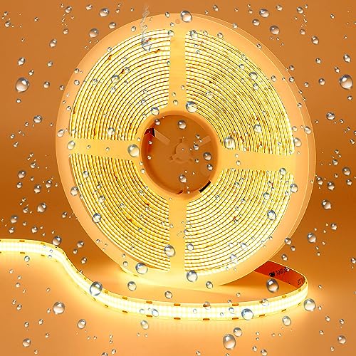 GOMING 24V 10M Doppelreihe COB LED Streifen Wasserdicht IP65 Warmweiss 3000K LED Strip 600LED/M LED Band Selbstklebend CRI 93+ Hohe Helligkeit 20000lm LED Lichtband für Heim Küche Deko(Nur Strip) von GOMING